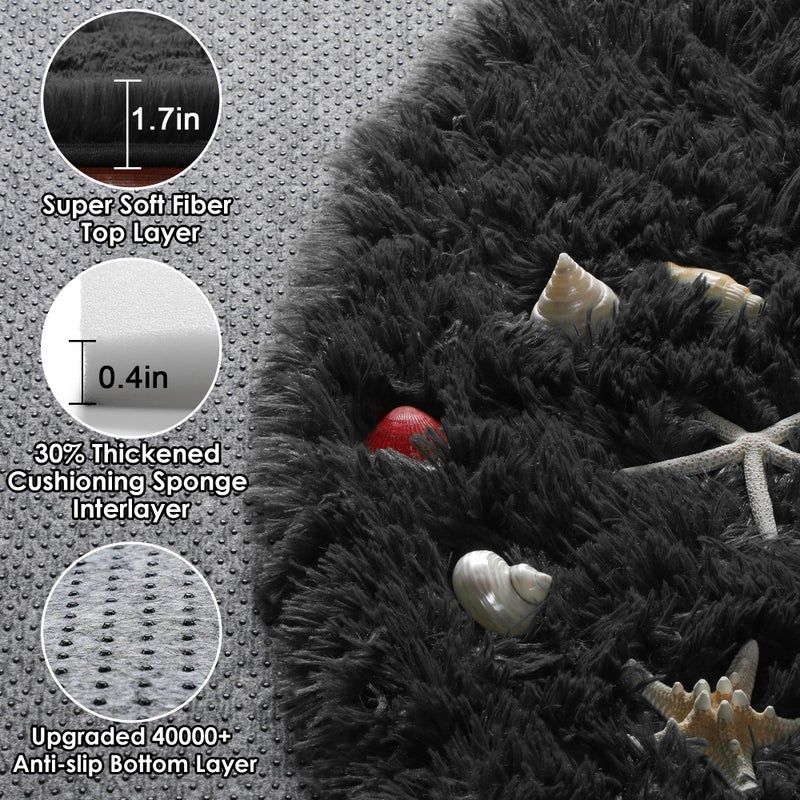 ONASAR Black Round Area Rugs 5ft, Soft Bedroom Circle Rug Floor Mats for Kids Girls Boys Teen Room, Fluffy Plush Shaggy Carpet for Baby Nursery Living Room Playroom Dorm Home Decor - Image 2